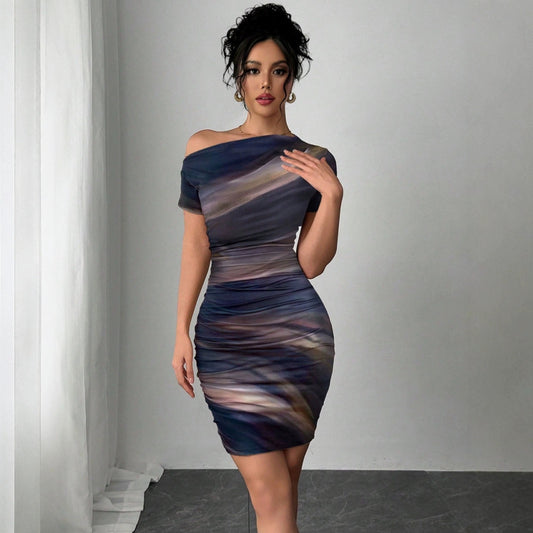 Robe Dégradée Femme – Épaules Obliques & Style Décontracté Tie-Dye