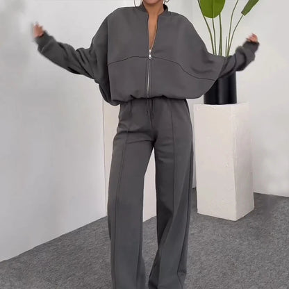 LUNÉA — Ensemble Décontracté Zippé Pull & Pantalon Uni