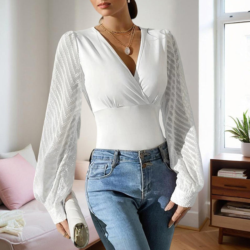 Blouse Élégante Femme – Col V Croisé Profond & Manches Longues en Chiffon Transparent