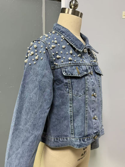 Pearlina – Veste Denim Courte à Perles