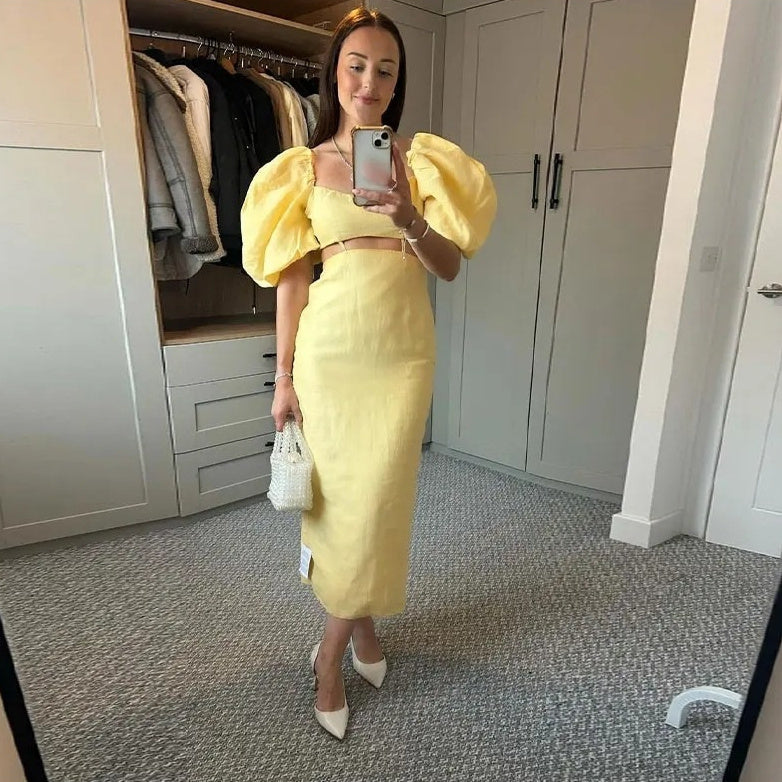 Robe vintage populaire à manches bouffantes et taille haute