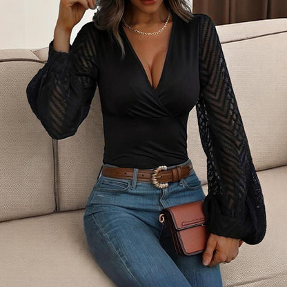 Blouse Élégante Femme – Col V Croisé Profond & Manches Longues en Chiffon Transparent
