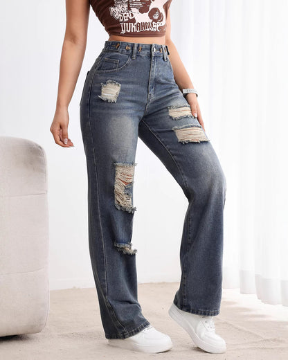 Jean Taille Haute Coupe Droite Déchiré