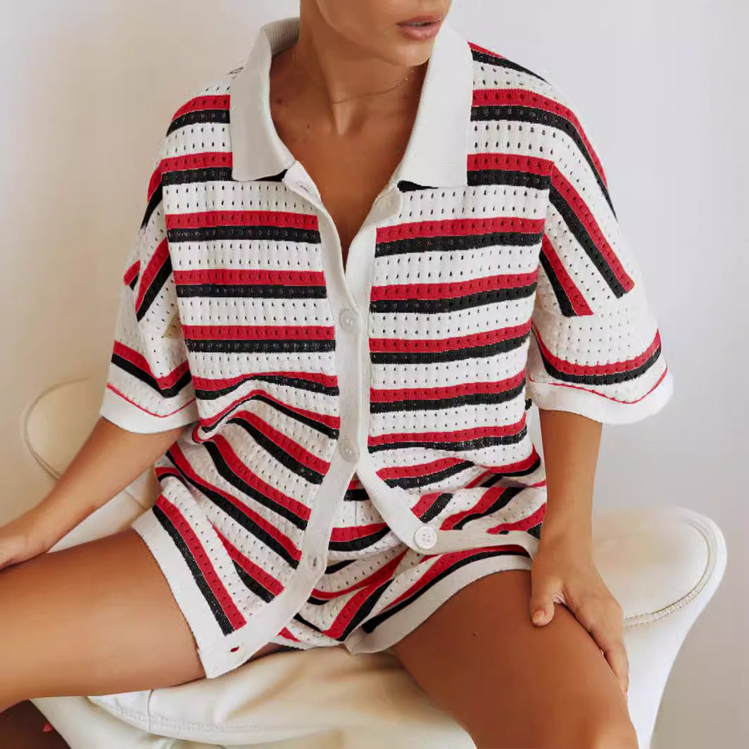 Ensemble Femme Été – Gilet Rayé en Maille & Short