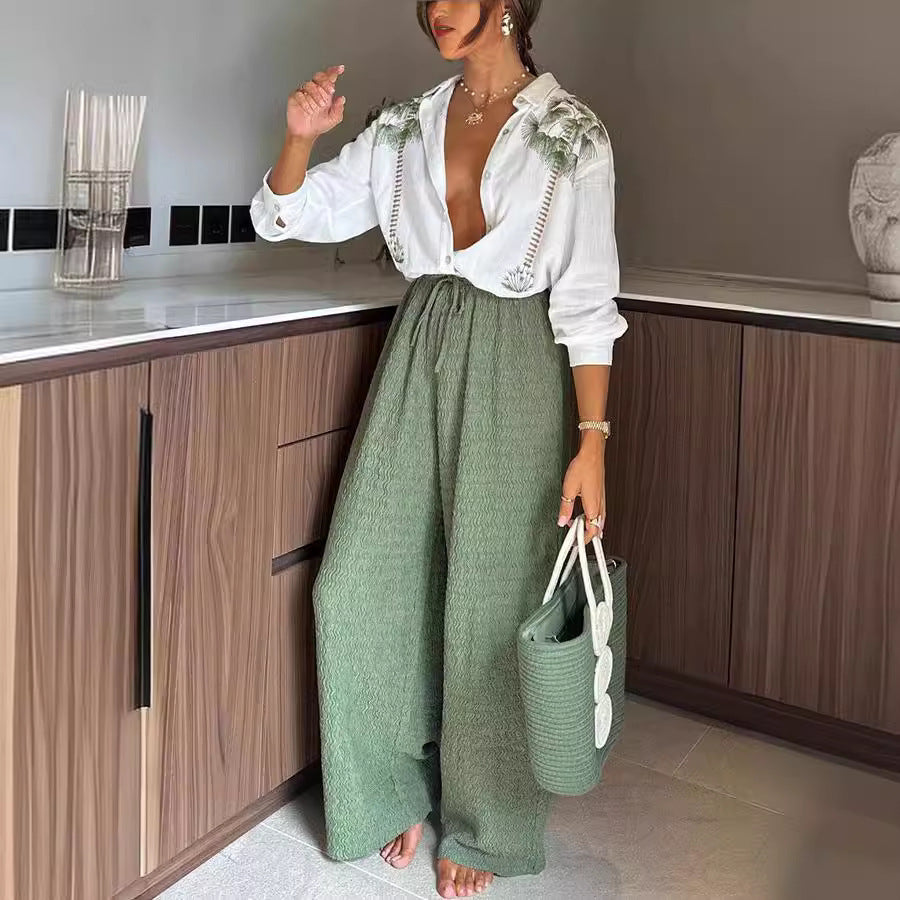 Ensemble pantalon simple boutonnage à manches longues et imprimé