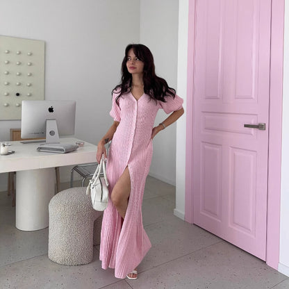 Robe boutonnée simple à manches bouffantes