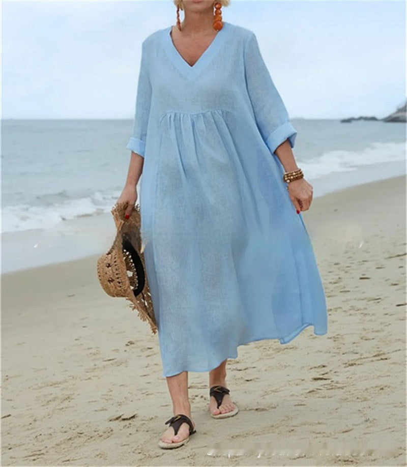 Robe col V en coton et lin, manches longues