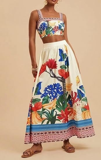 Ensemble Femme Élégant – Haut Court & Jupe Imprimée