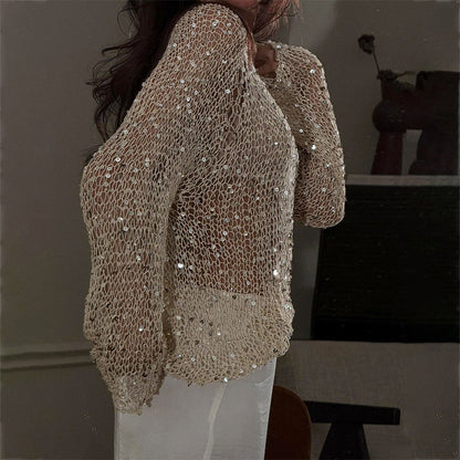 Haut Femme à Sequins – Manches Longues Ajourées