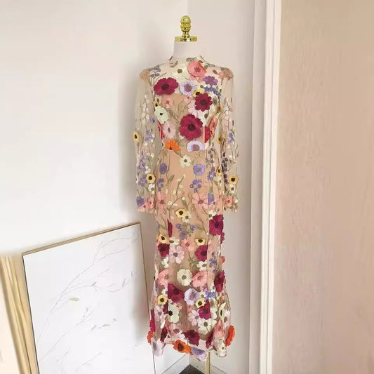 Robe Sirène à Motifs Floraux – Manches Longues