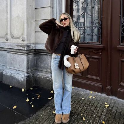 Veste ample à revers effet fourrure