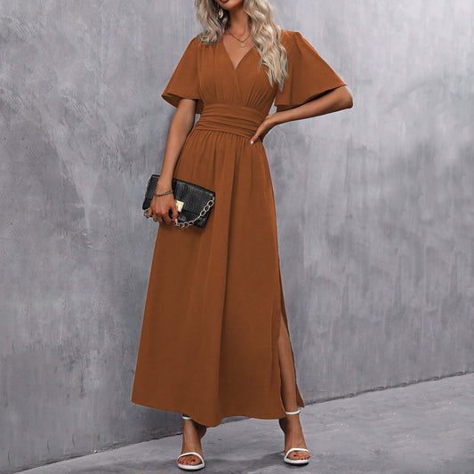 Robe Élégante à Jupe Évasée – Couleurs Unies & Coupe Classique