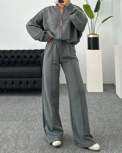 LUNÉA — Ensemble Décontracté Zippé Pull & Pantalon Uni