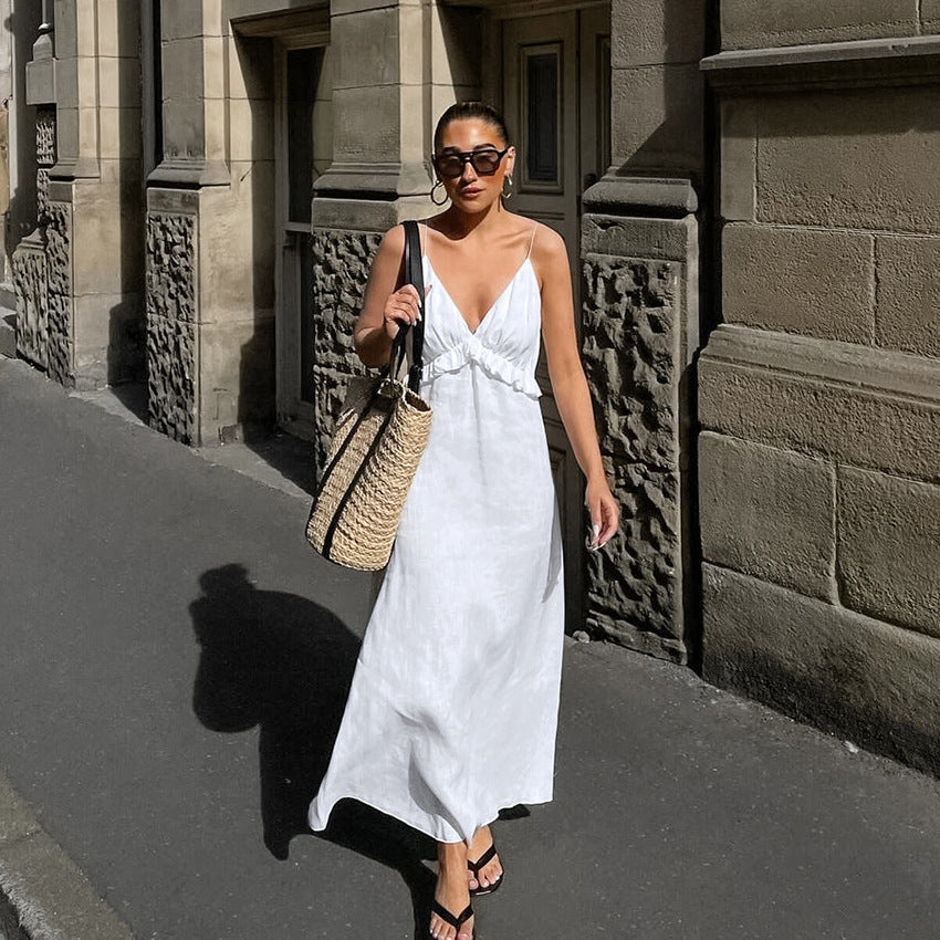 Robe Blanche Sexy en Coton Lin à Volants