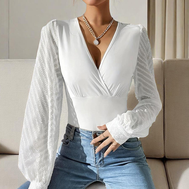 Blouse Élégante Femme – Col V Croisé Profond & Manches Longues en Chiffon Transparent