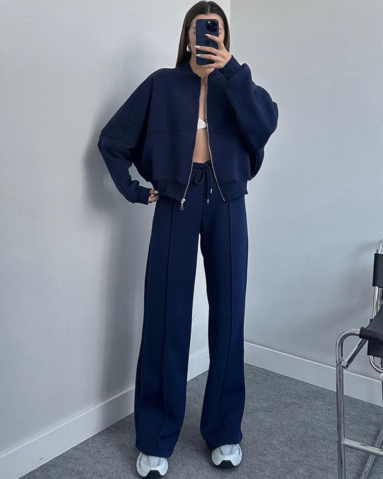 LUNÉA — Ensemble Décontracté Zippé Pull & Pantalon Uni