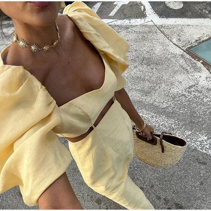 Robe vintage populaire à manches bouffantes et taille haute