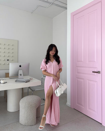 Robe boutonnée simple à manches bouffantes