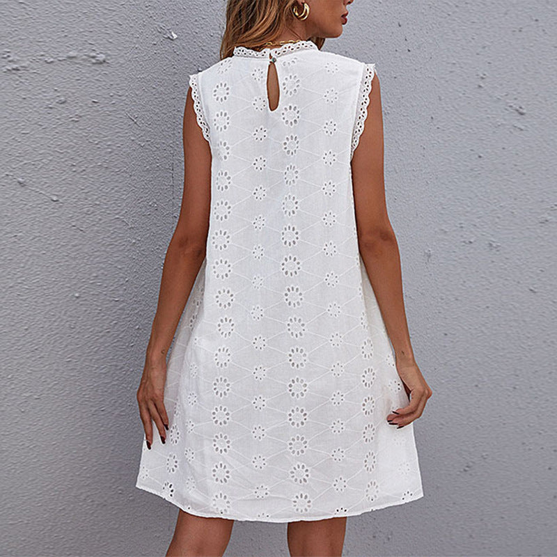 Robe mi-longue bohème en dentelle ajourée, sans manches