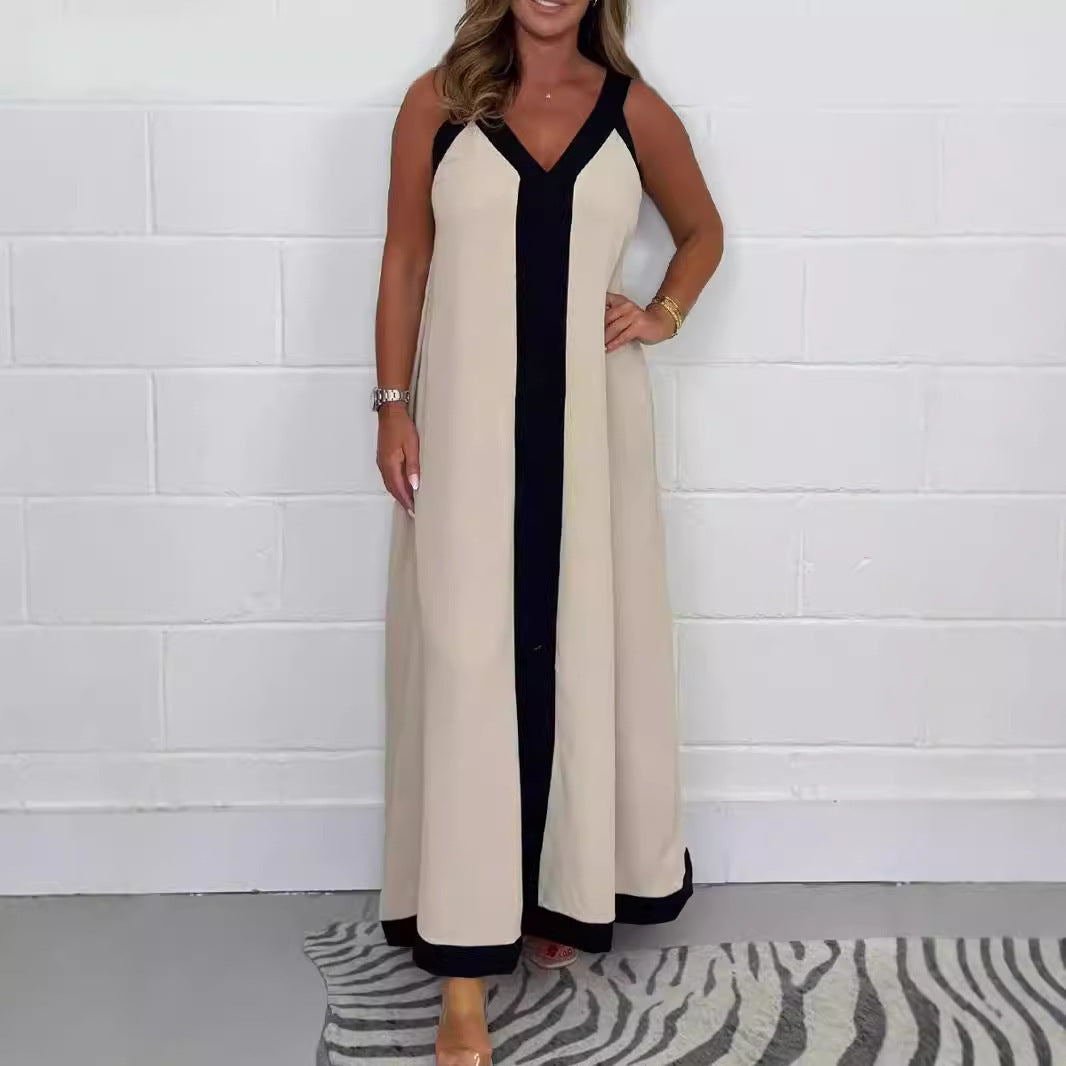 Robe longue décontractée ample à col en V et sans manches