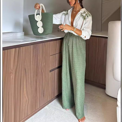 Ensemble pantalon simple boutonnage à manches longues et imprimé