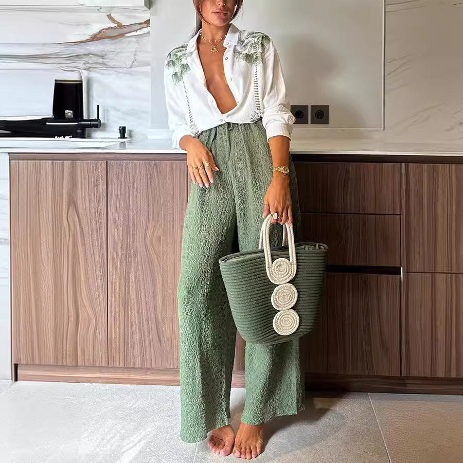 Ensemble pantalon simple boutonnage à manches longues et imprimé