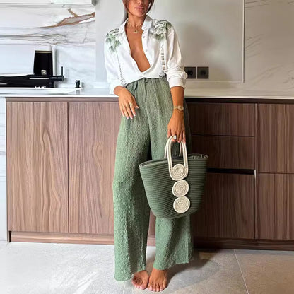 Ensemble pantalon simple boutonnage à manches longues et imprimé
