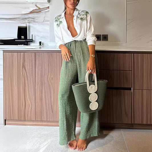 Ensemble pantalon simple boutonnage à manches longues et imprimé