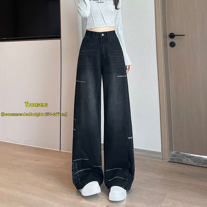 Pantalon Denim Évasé Haute Taille Doublé Polaire