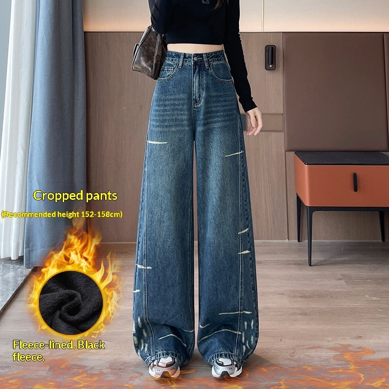 Pantalon Denim Évasé Haute Taille Doublé Polaire