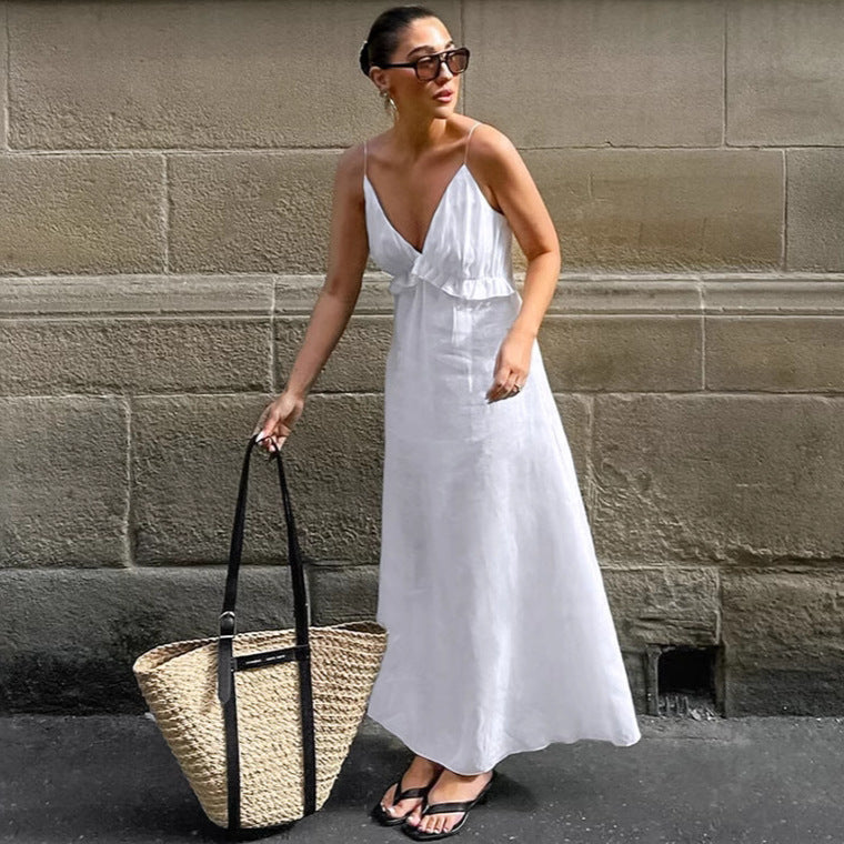Robe Blanche Sexy en Coton Lin à Volants
