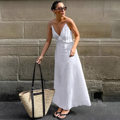 Robe Blanche Sexy en Coton Lin à Volants