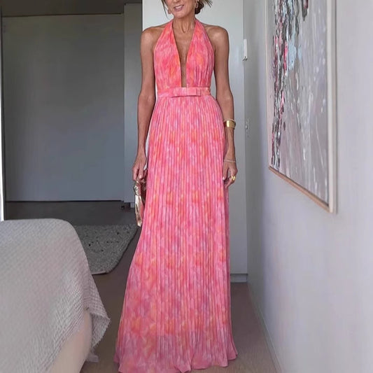 Robe Longue Sexy à Bretelles – Imprimé Rose & Détails Lacés
