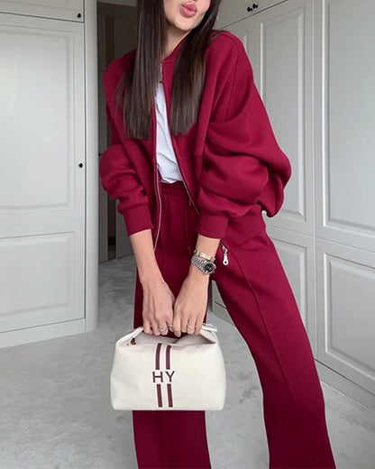 LUNÉA — Ensemble Décontracté Zippé Pull & Pantalon Uni