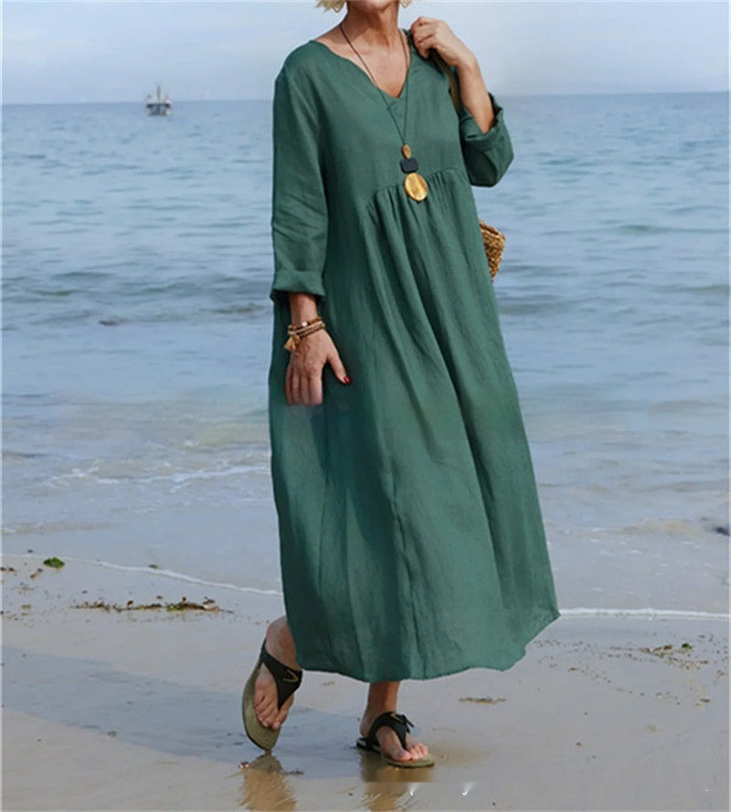 Robe col V en coton et lin, manches longues