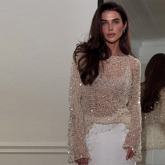 Haut Femme à Sequins – Manches Longues Ajourées